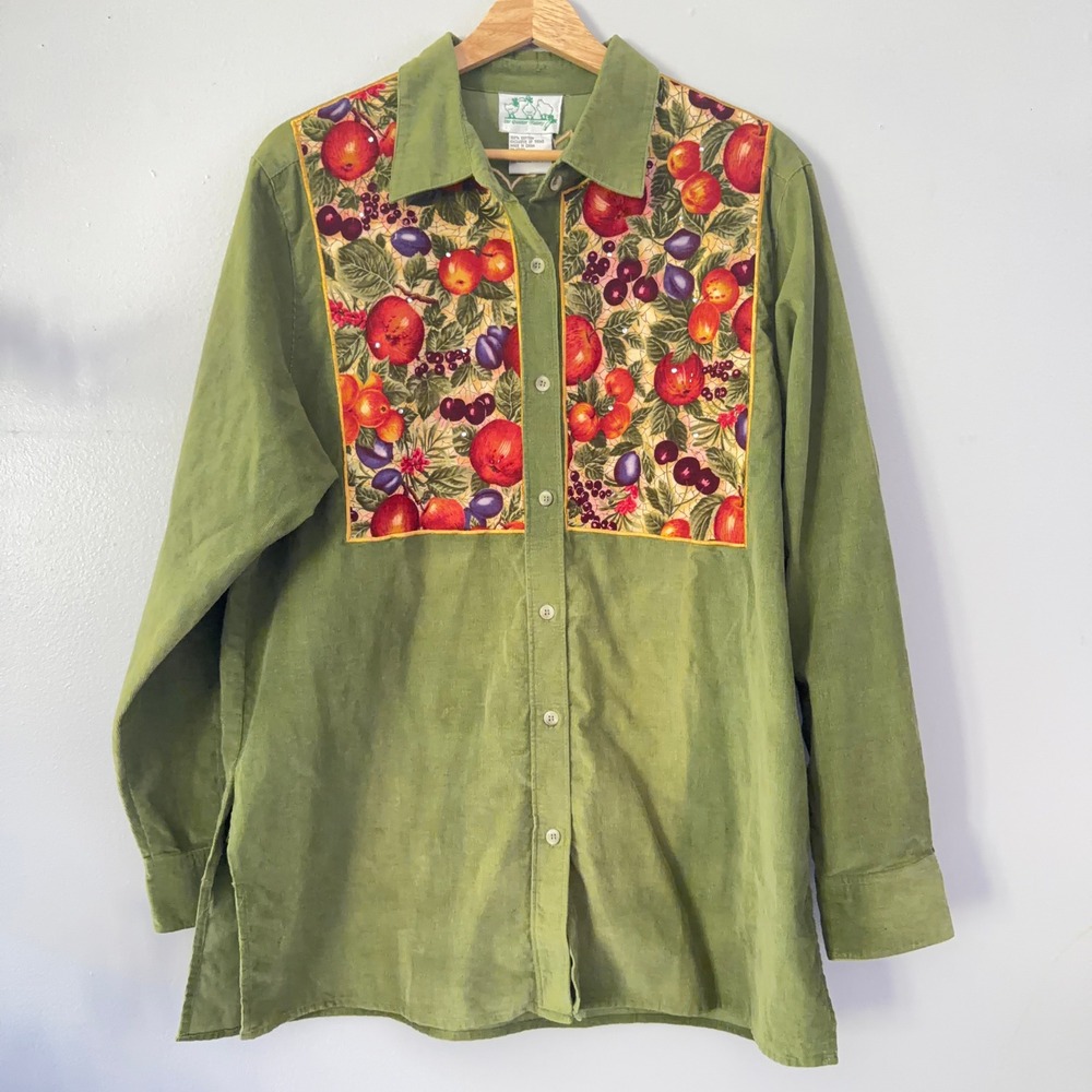 Quacker Factory Shirt Corduroy Fruit Cottage Fall Harvest Button Up Green Wmns M